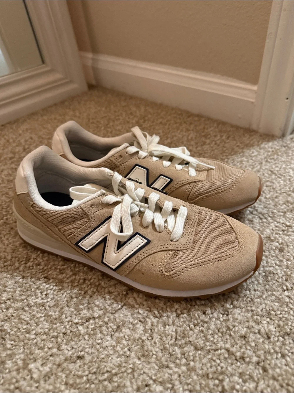 New Balance Beige and White Retro Runner Sneakers
